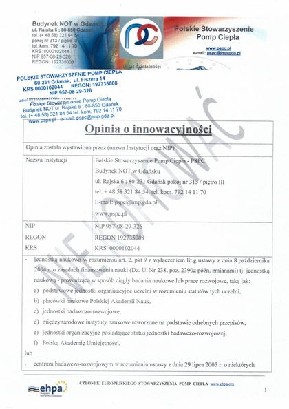 Okładka opinii o innowacyjności rekuperatorów PRANA