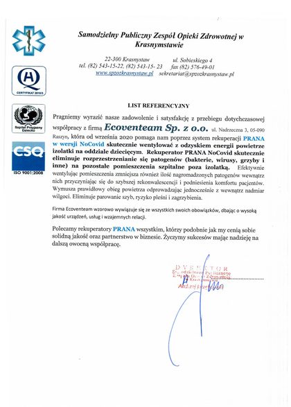 Referencje z placówki szpitalnej